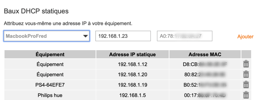 Baux DHCP statiques - LiveBox - Adresse IP - Adresse MAC