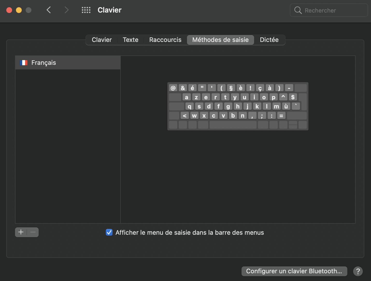 Configurer l'affichage du clavier dans la barre des menus.